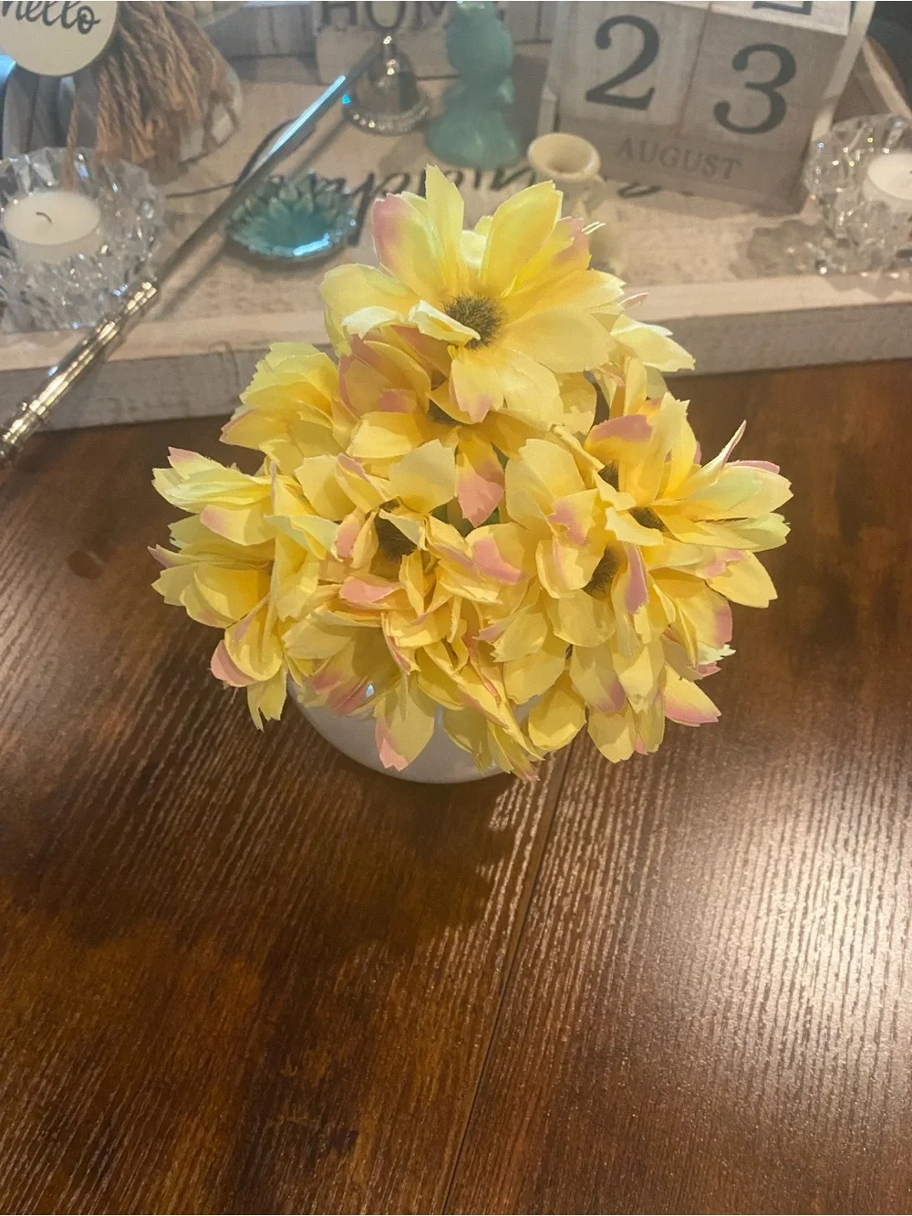 Yellow and Pink Faux Flower Arrangement in White Vase